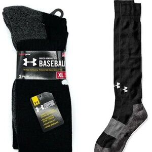 Under Armour 2 Pair Over The Calf Black Baseball Socks Size XL 13-16